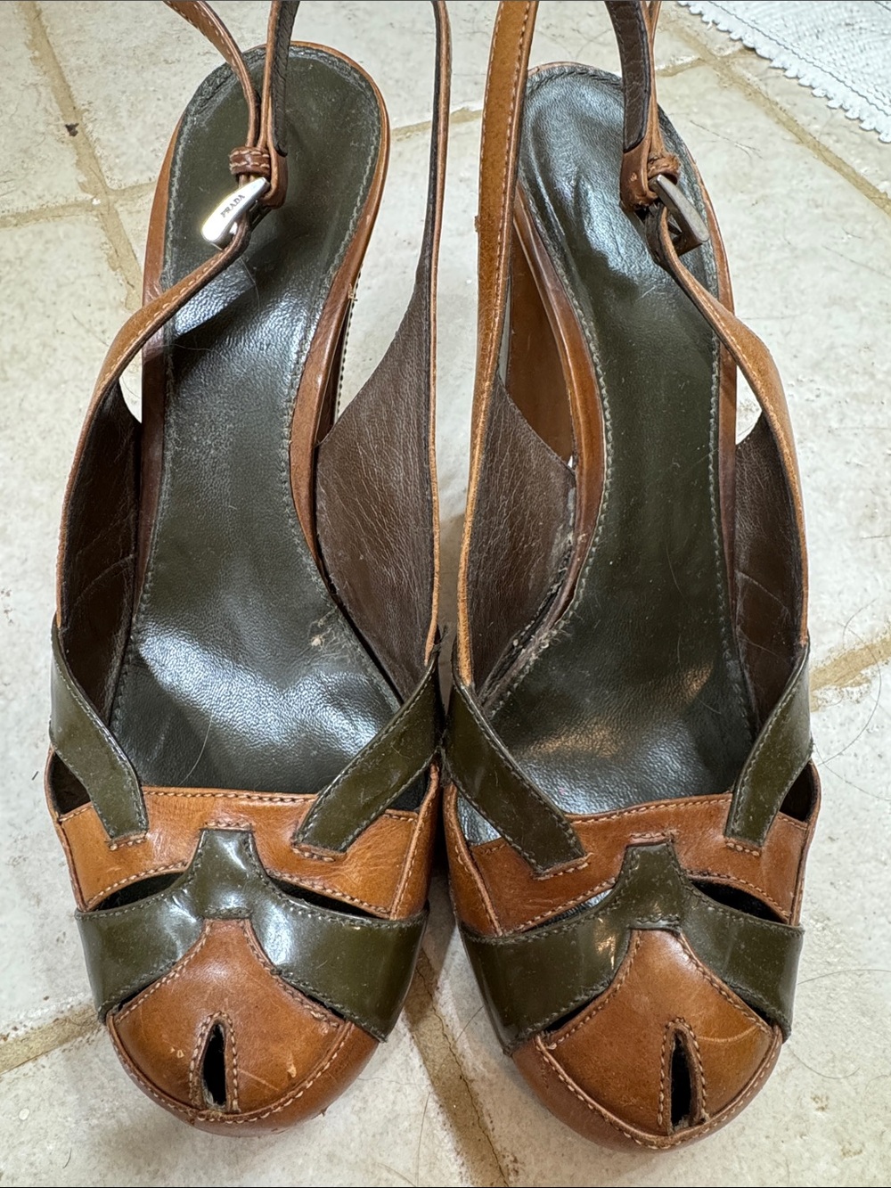 Prada Brown and Olive Leather Slingback Heels
